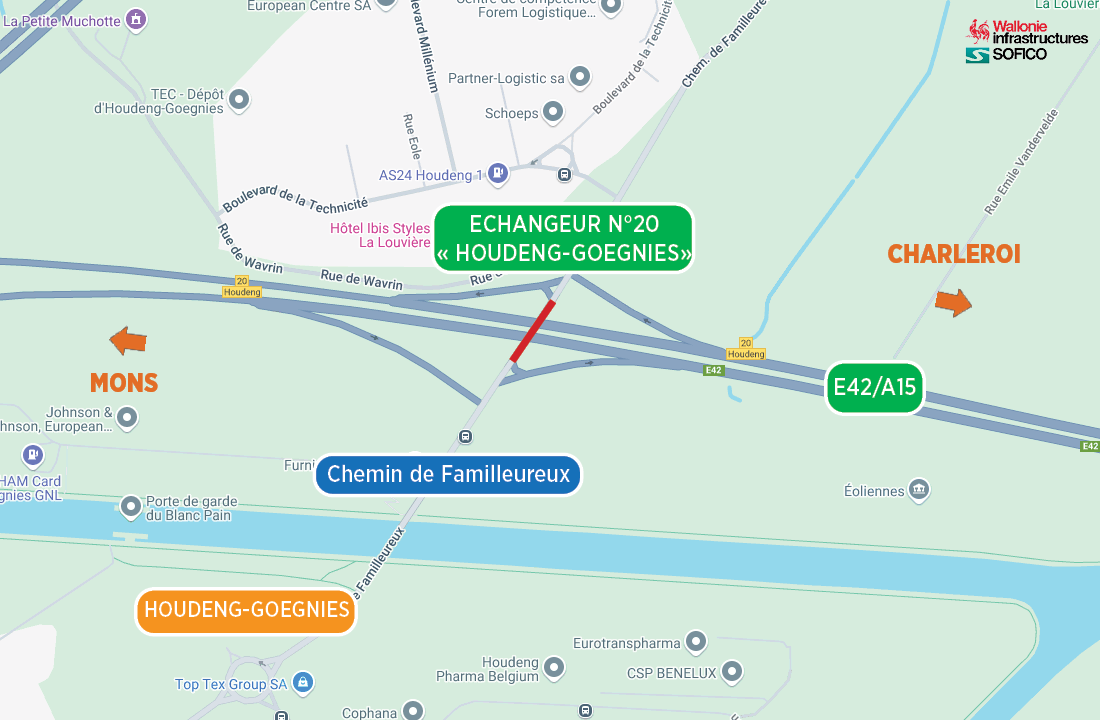 Houdeng-Goegnies : travaux d'étanchéité sur le pont de l'échangeur n°20 surplombant l'E42/A15